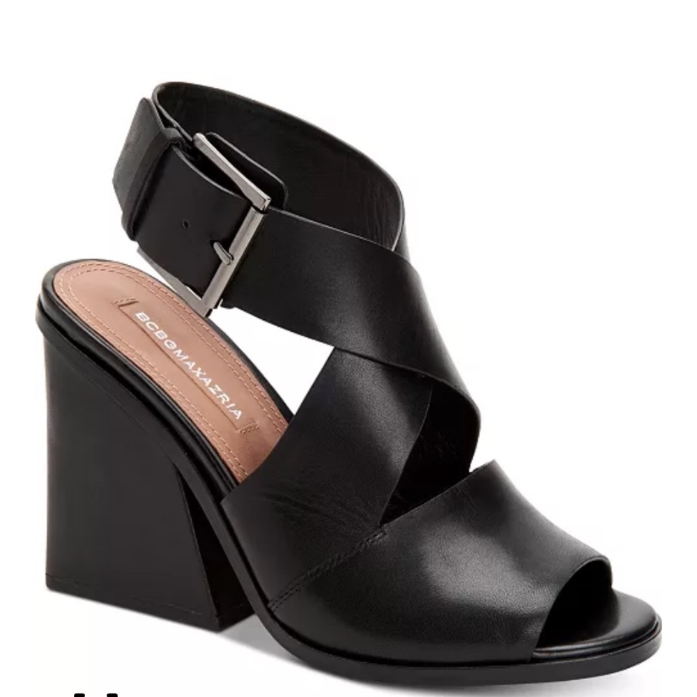 BCBGMaxAzria Black Leather Crisscross Wedge Sandals